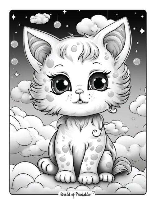 Kitten in the Clouds Coloring Page