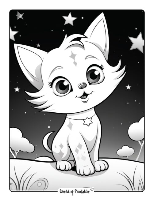Kitten with a Starry Sky Coloring Sheet