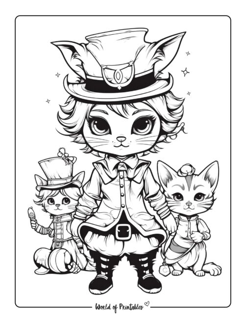 Kittens in Cute Outfits Coloring Page