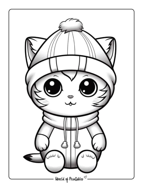 Little Kitten in a Hat Coloring Page