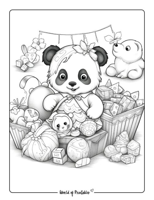 Panda Playing with Soft Toys Coloring Page