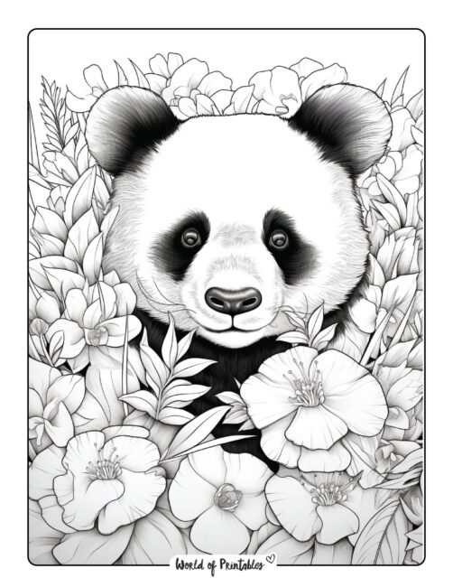 Panda Surrounded by Flowers Coloring Page