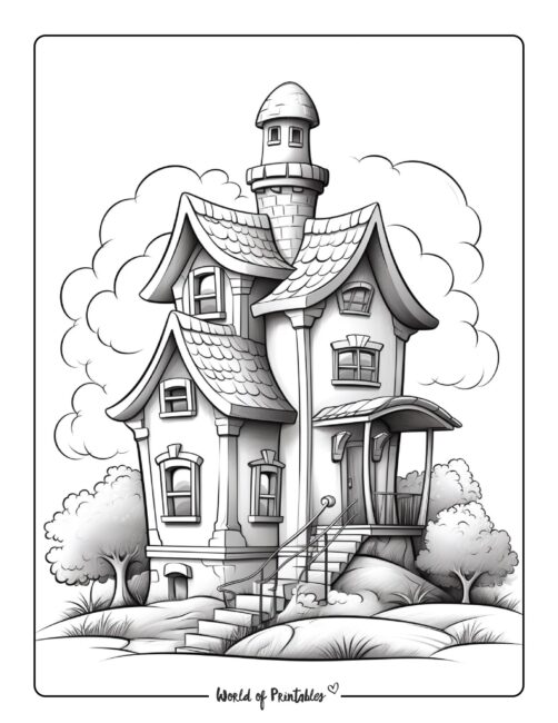 Peaceful House on Hill Coloring Page