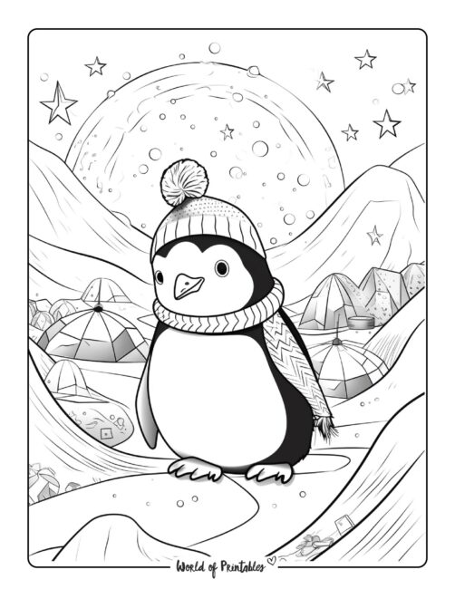 Penguin at Night Coloring Page