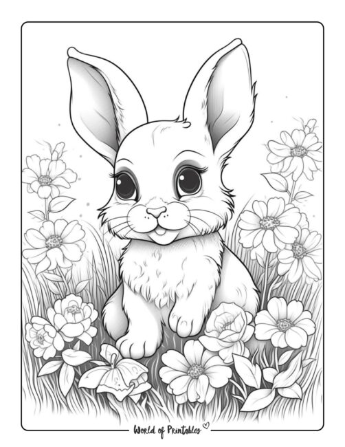 Playful Bunny in a Field of Flowers Coloring Page