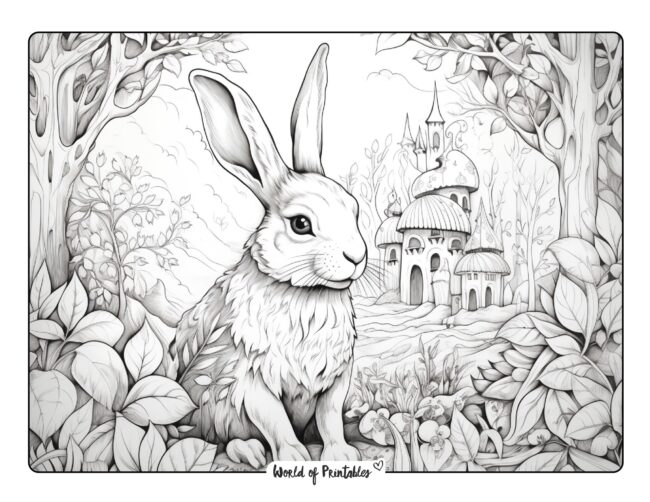 Playful Bunny in a Pretty Forest Coloring Page