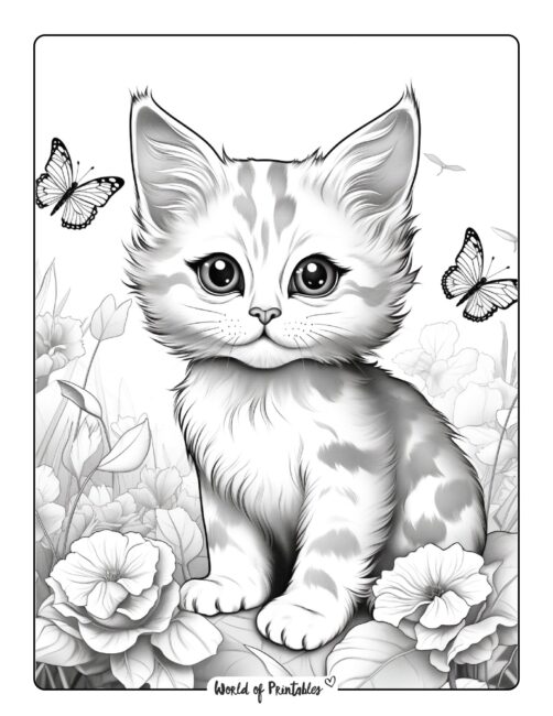 Pretty Flowers and Kitten Coloring Sheet