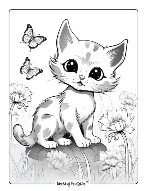 Pretty Kitten and Butterflies Coloring Sheet