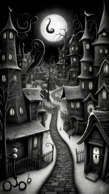 Quirky Village Black and White Background