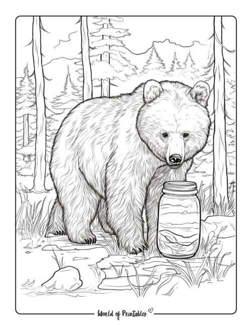 Realistic Bear with Honey Jar Coloring Page