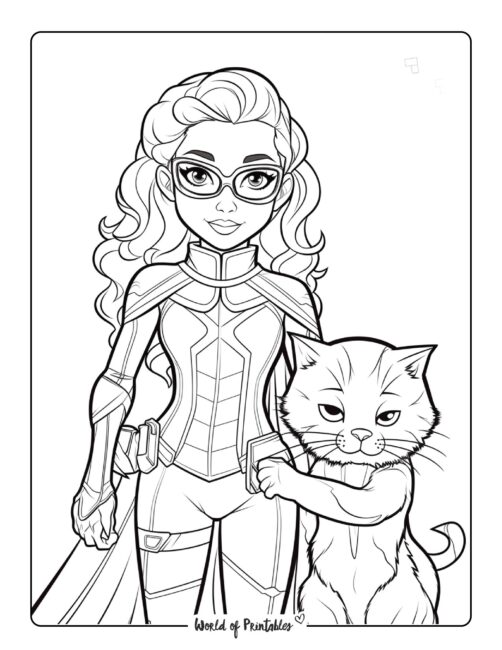 Selfless Hero with Cat Coloring Page