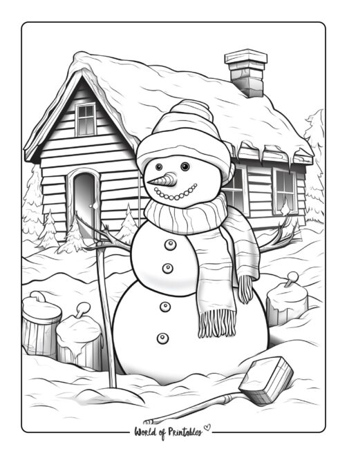 Snowman and Cabin Coloring Page