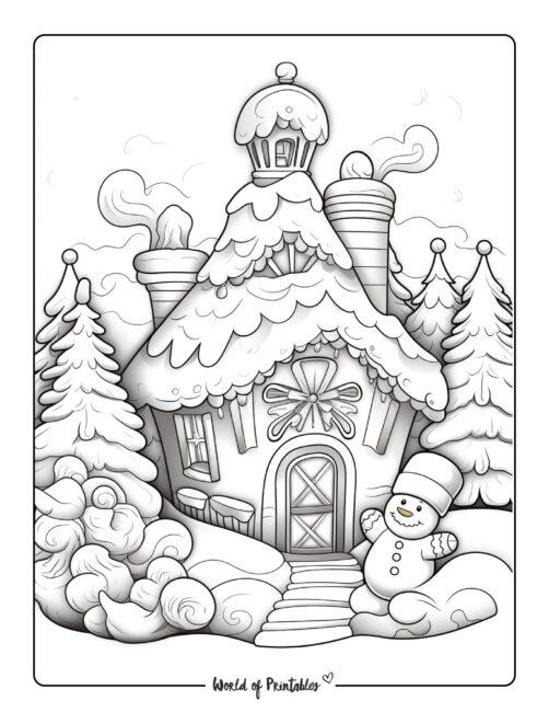Snowman and Gingerbread House Coloring Page