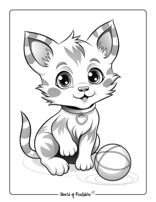 Stripey Kitten Playing with Ball Coloring Page