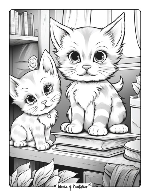 Two Kittens Sitting on a Book Coloring Page