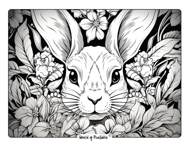 Whimsical Bunny Surrounded by Foliage Coloring Page