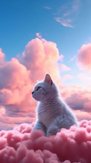 White Cat on Pink Clouds Cat Background