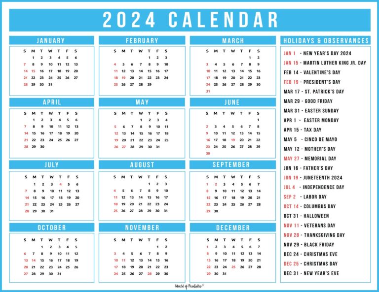 2024 Calendar With Holidays - World of Printables