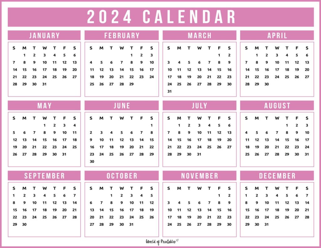 2024 Year Calendar Pink