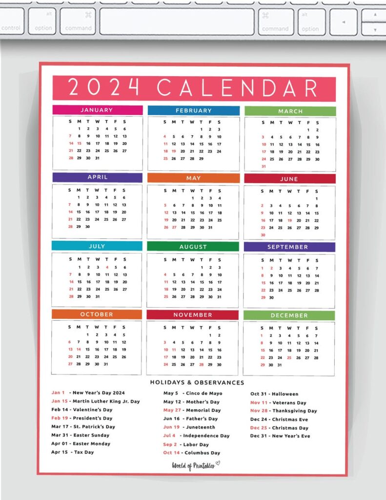 2024 one page calendar colorful