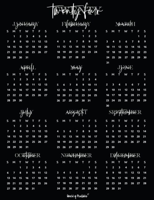 2024 printable calendar one page black page