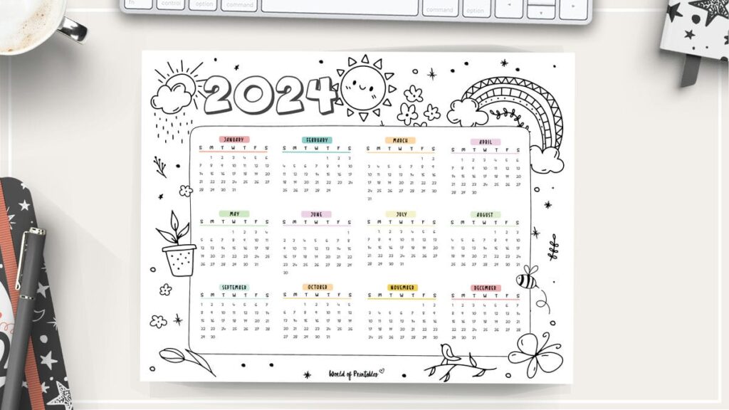 2024 year calendar coloring page