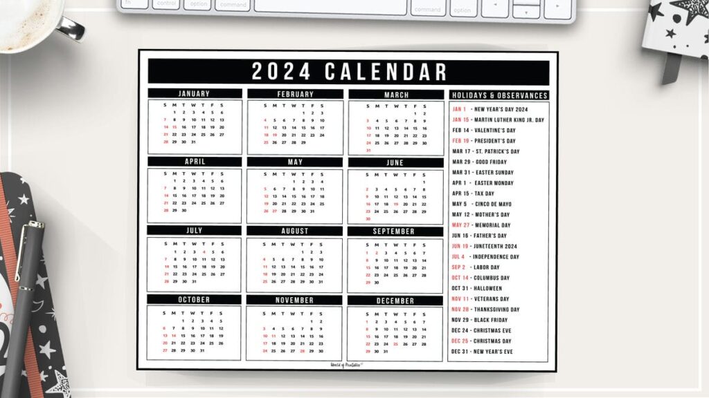 2024 year calendar with holidays