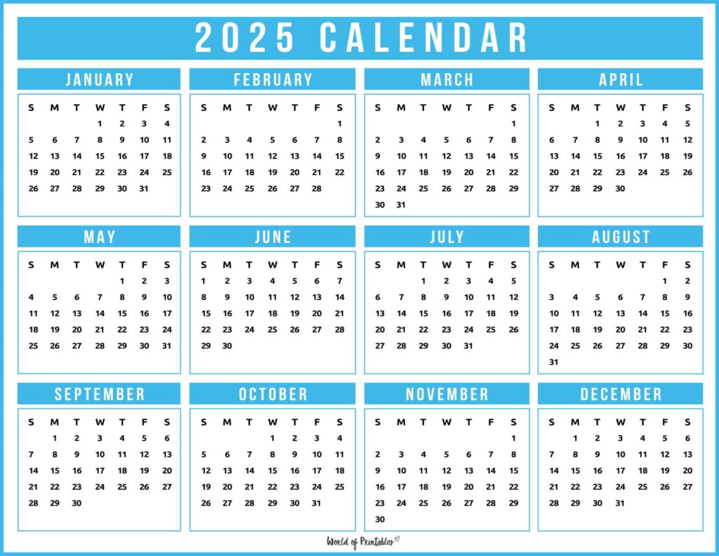 2025 Year Calendar Blue