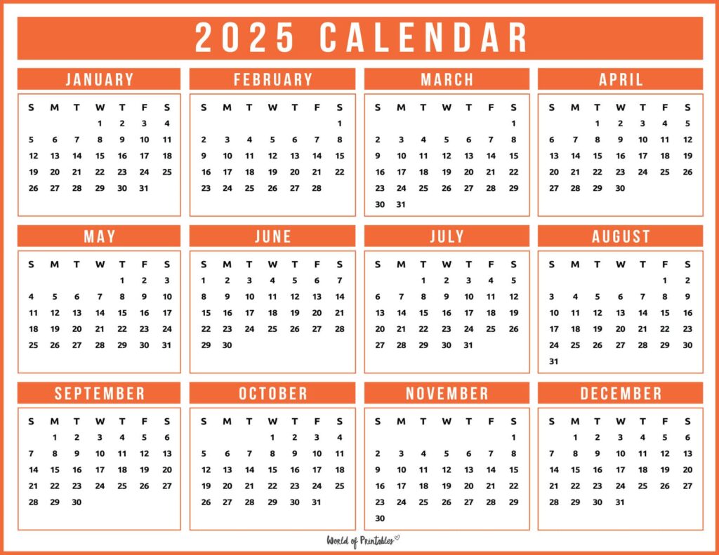 2025 Year Calendar Orange