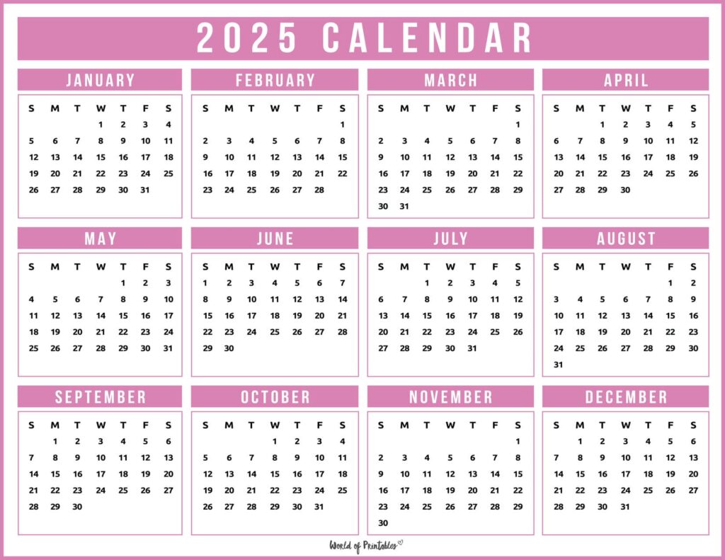 2025 Year Calendar Pink