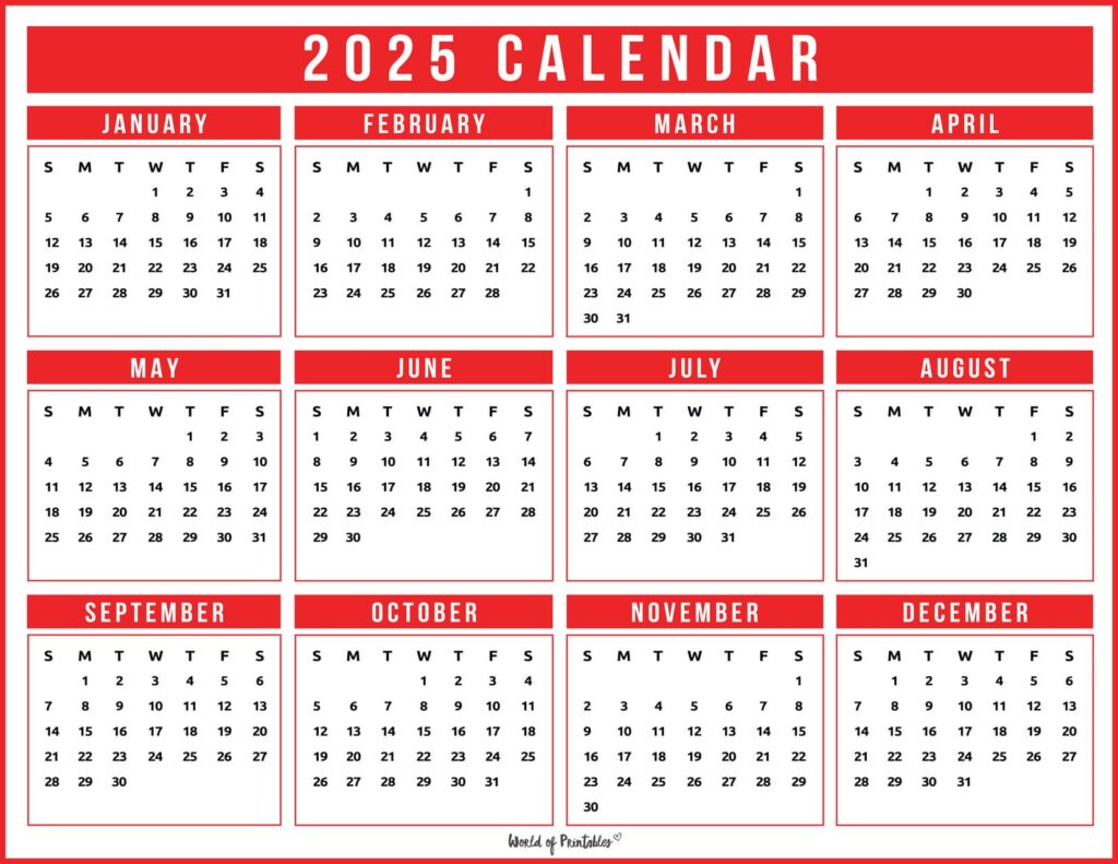 2025 Year Calendar Red