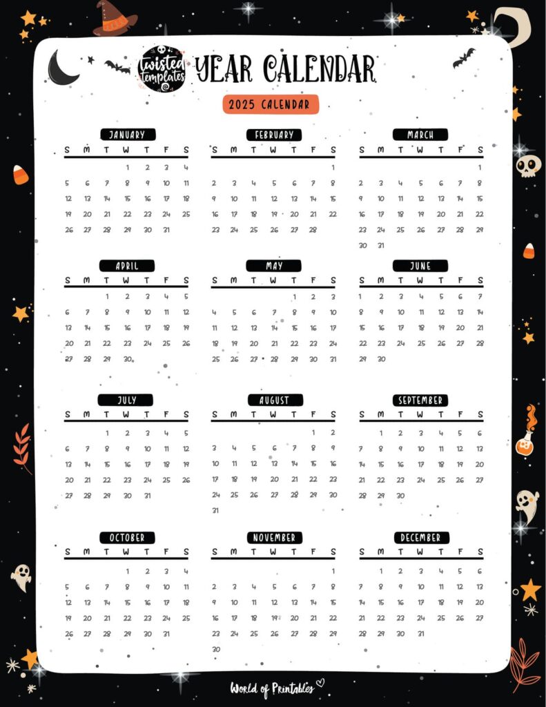 2025 printable calendar one page dark