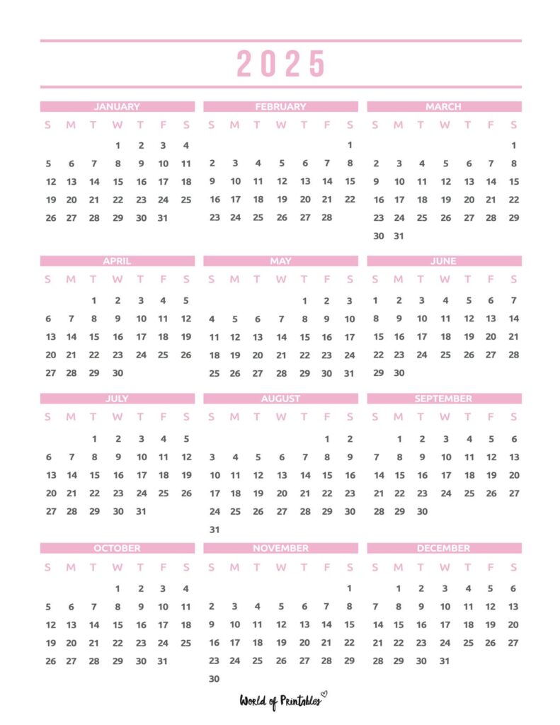 2025 printable calendar one page pink