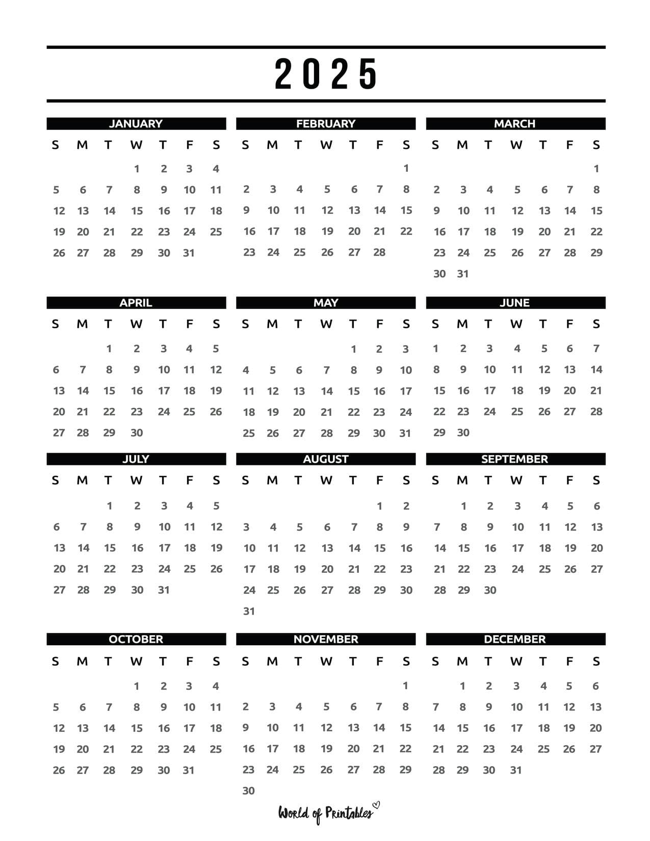 2025 Year Calendars - 70 Best Printables - World of Printables