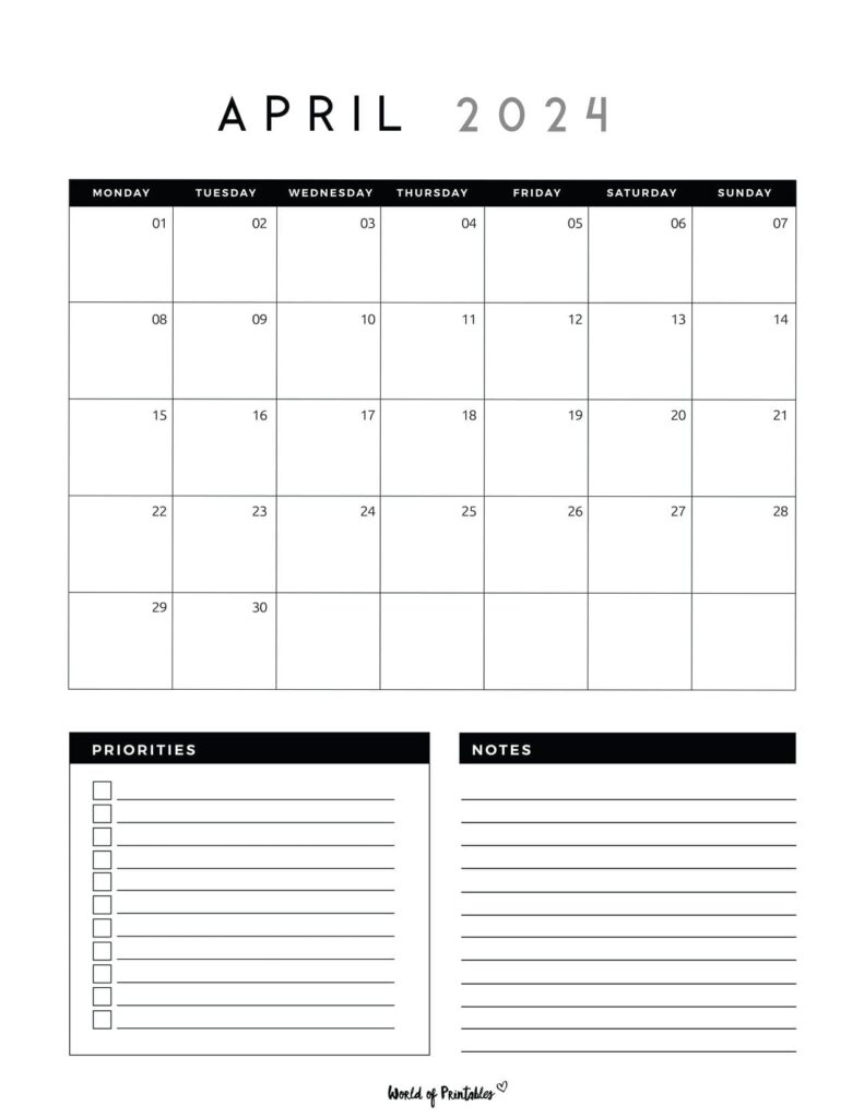 April 2024 Calendar Free Printable