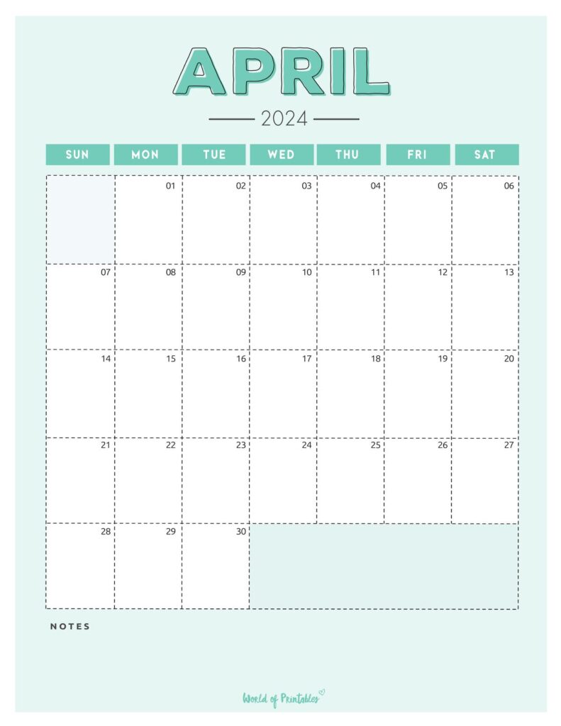 Green April 2024 Calendar