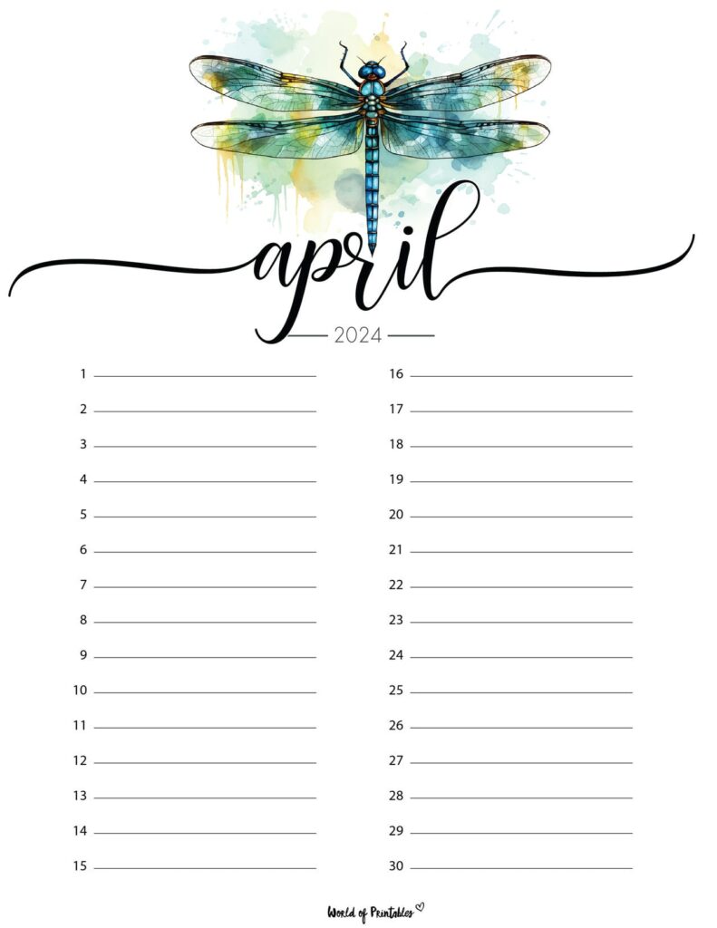 April 2024 Calendar List