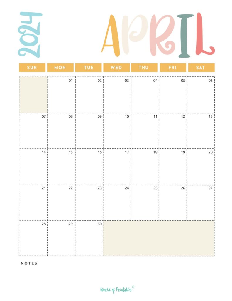 Pastel April 2024 Calendar