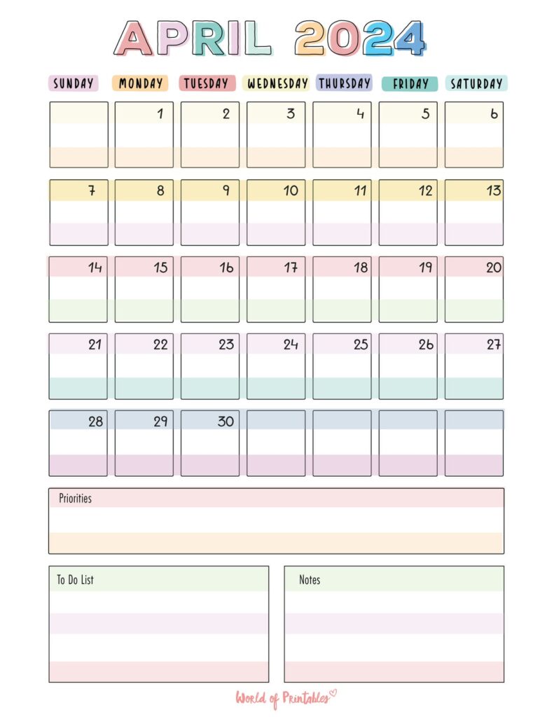 Colorful April 2024 Calendar