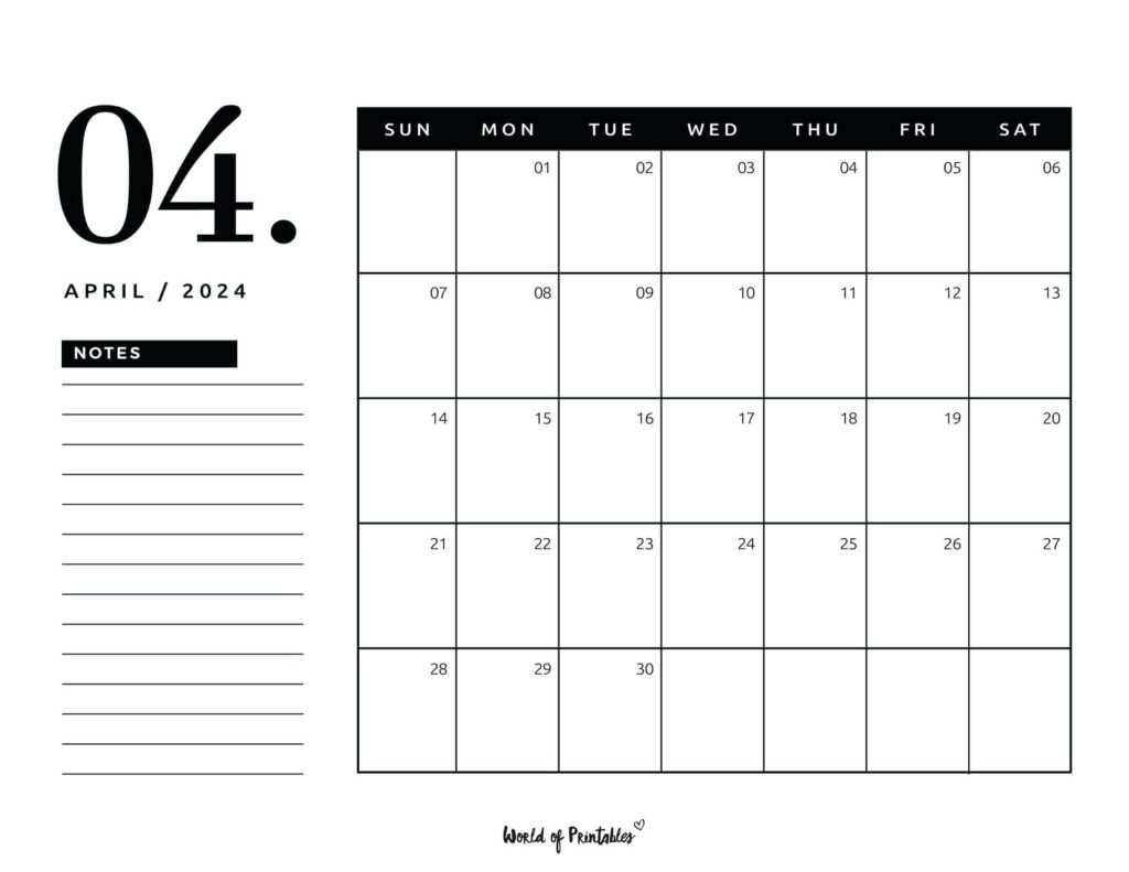 April 2024 Calendar with notes