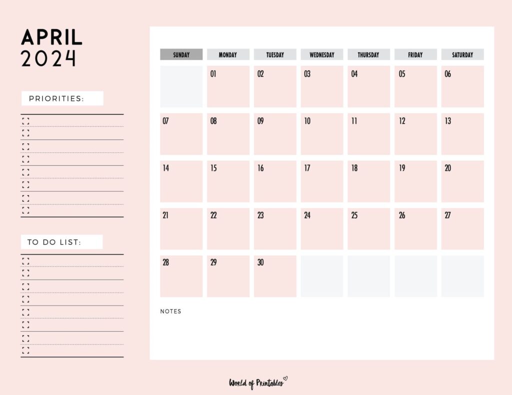 Pink April 2024 Calendar