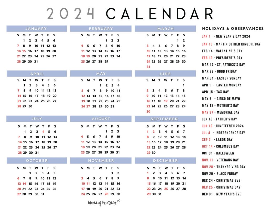 Calendar with Holidays 2024- 2
