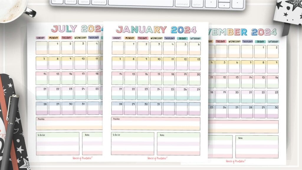 Colorful 2024 year calendar