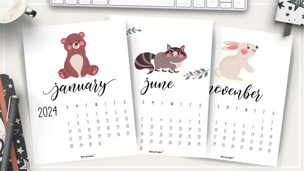 Cute Wildlife Calendar for 2024 Printables