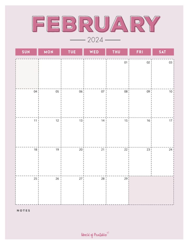 Pink February 2024 Calendar