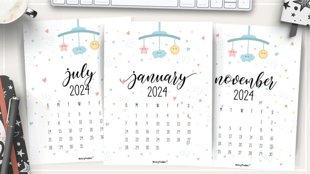 Calendar 2024 with cute hand drawn cats Royalty Free Vector