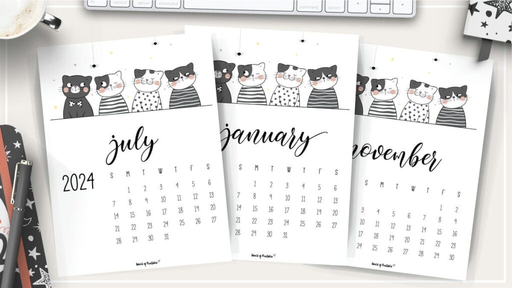 2024 Cute Cats Free Printable Monthly Calendar - Printables and Inspirations