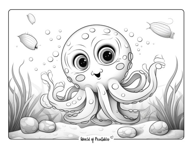 Gentle Octopus With Fish Coloring Page