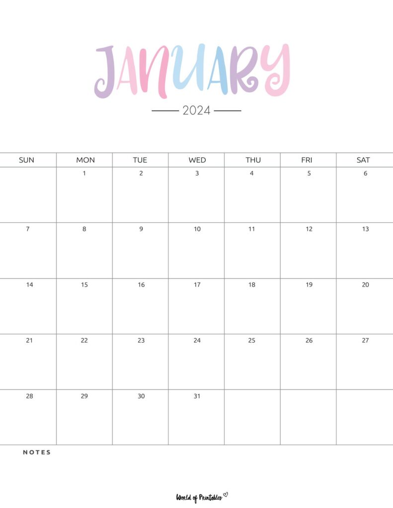 Pastel Colors January 2024 Calendar