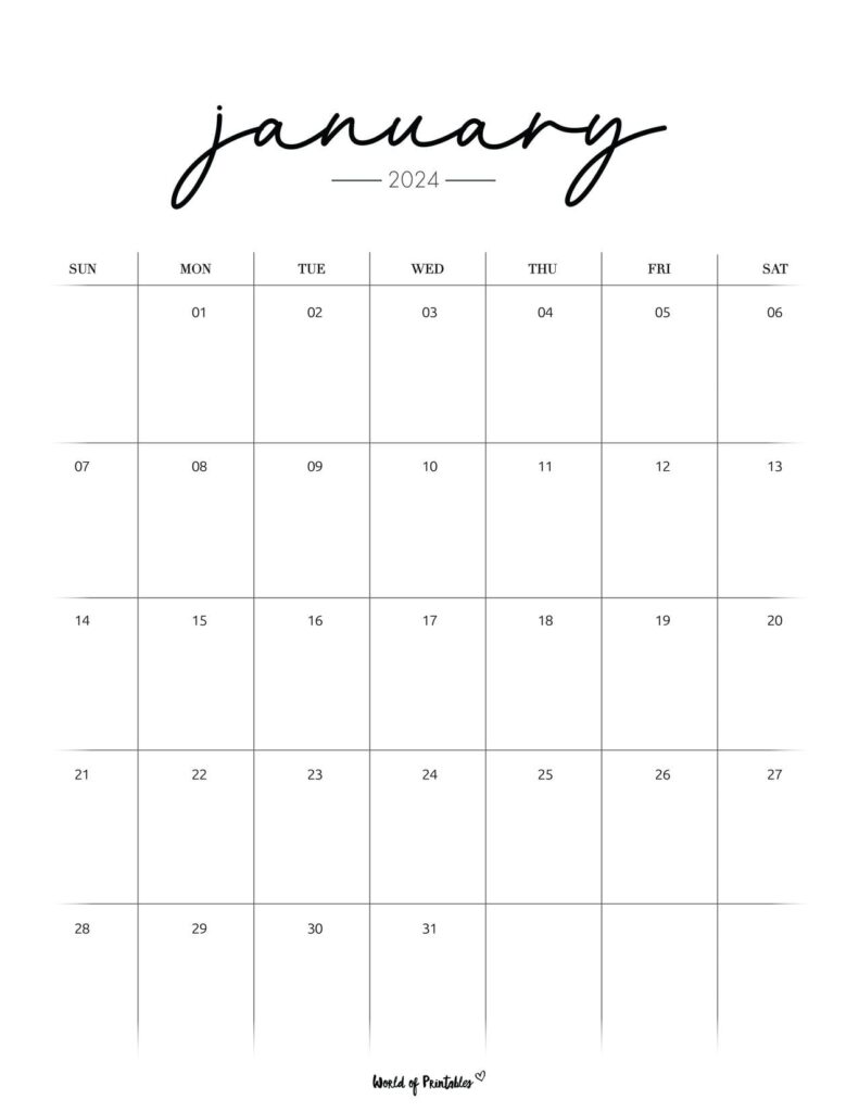 Cursive January 2024 Calendar